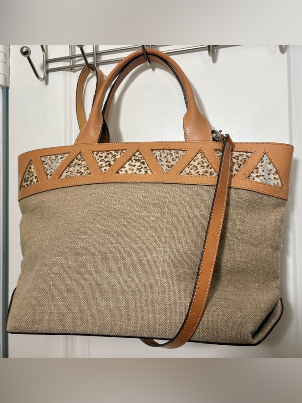 Preston & York Made in Italy Linen & Leather Leopard Calf Hair Satchel Tote